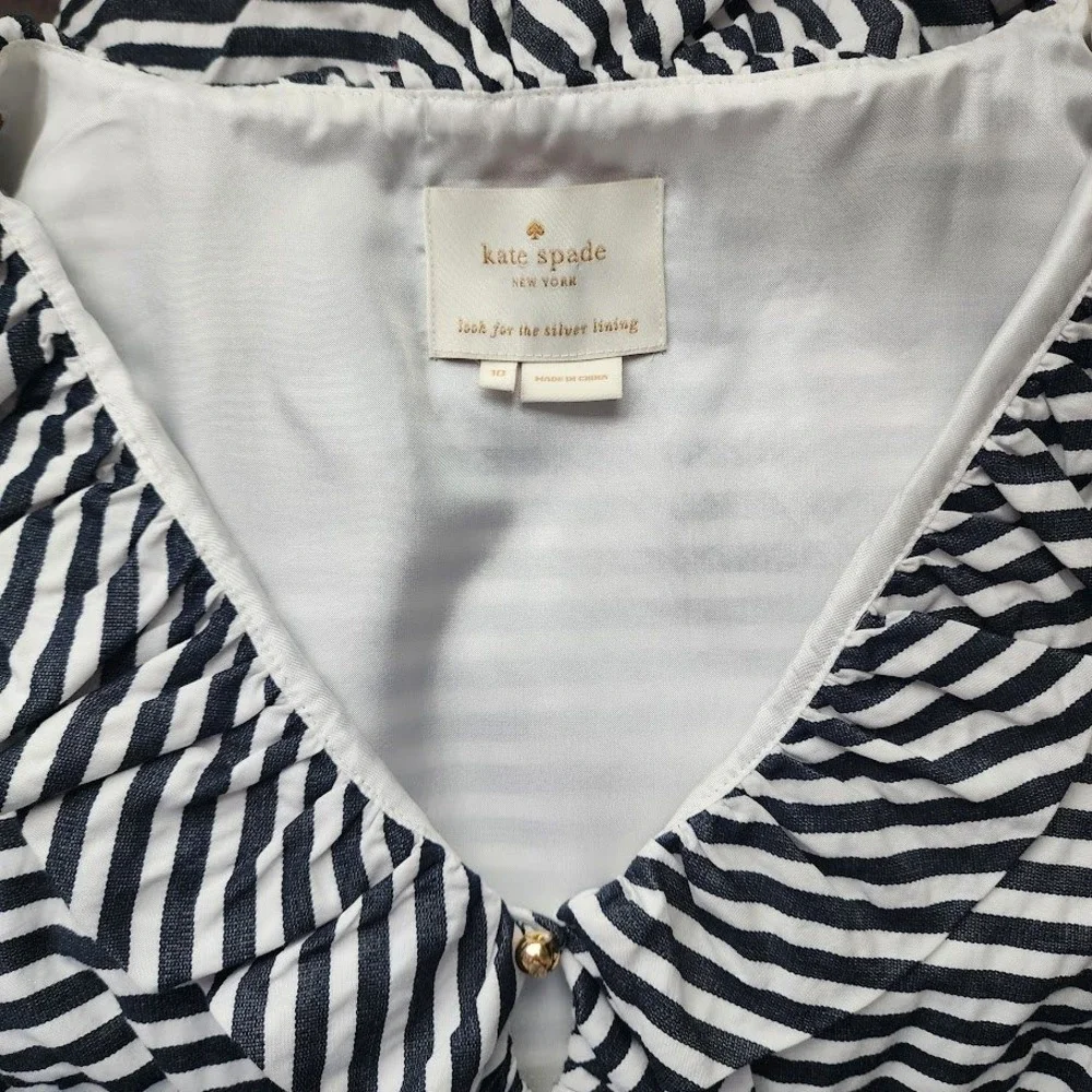 KATE SPADE‎ Striped Ruffle Neck Shift Dress with Gold Button Detail Size 10